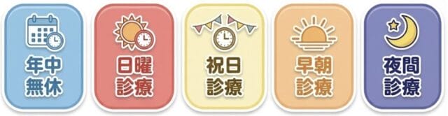 年中無休・日曜診療・祝日診療・早朝診療・夜間診療